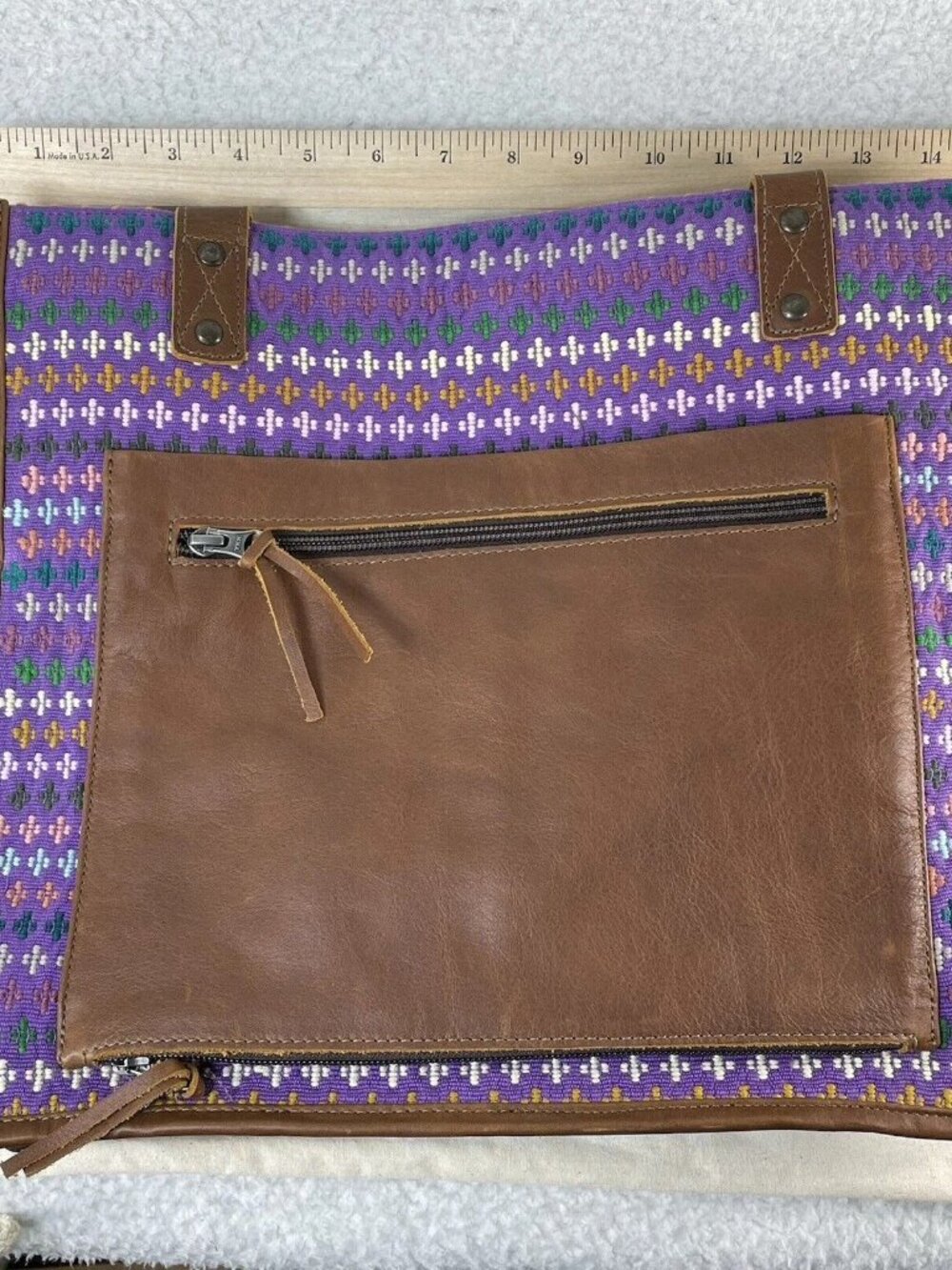 NENA & Co Embroidery Leather Day Shoulder Bag Artisan Guatemalan Zippered Pocket - Picture 2 of 7